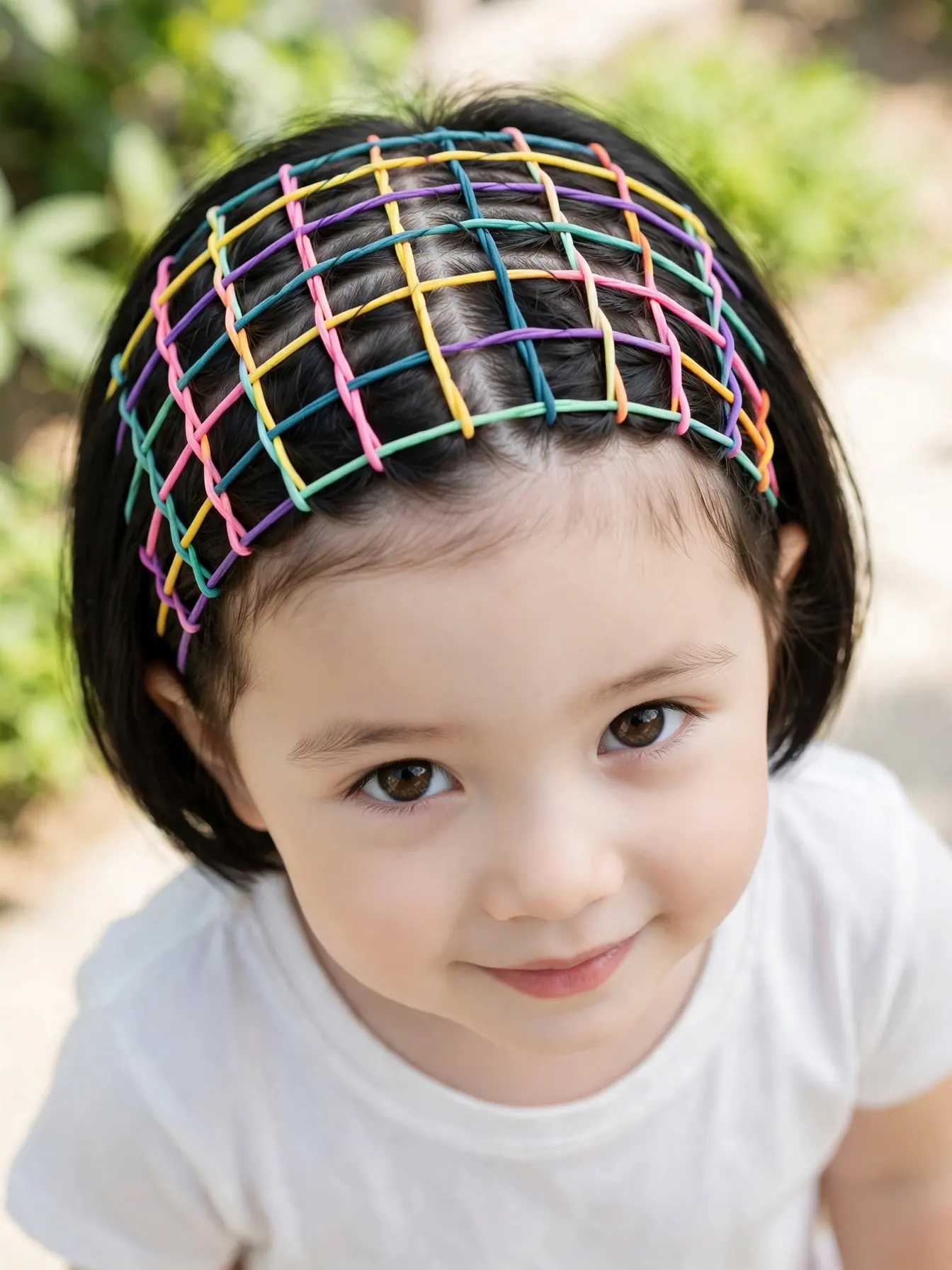 22 Cute Toddler Girl Hairstyles That Are Easy at Home 12 Toddler girl with crisscross rows of colorful mini elastics on short hair