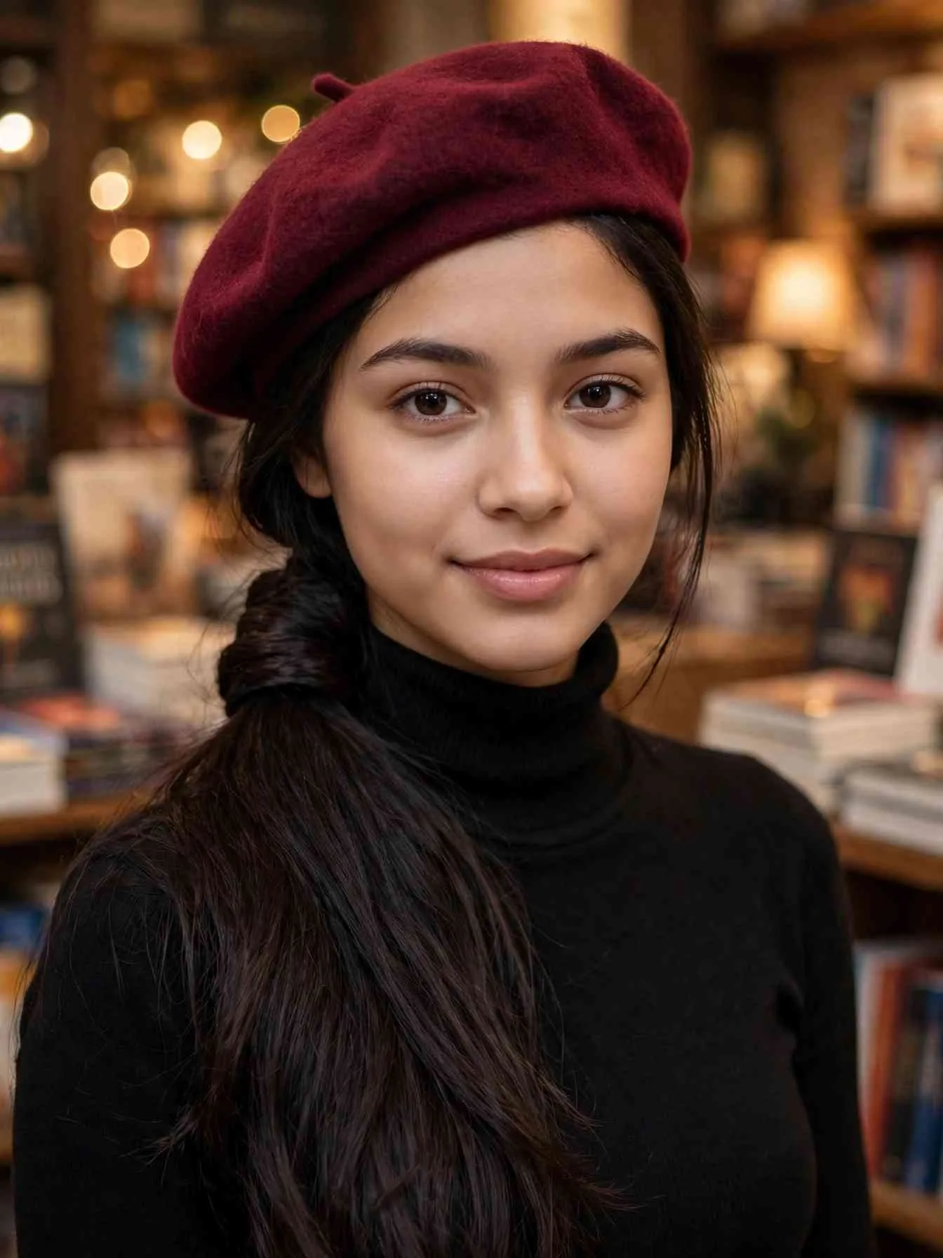 Low ponytail draped over one shoulder with a tilted beret