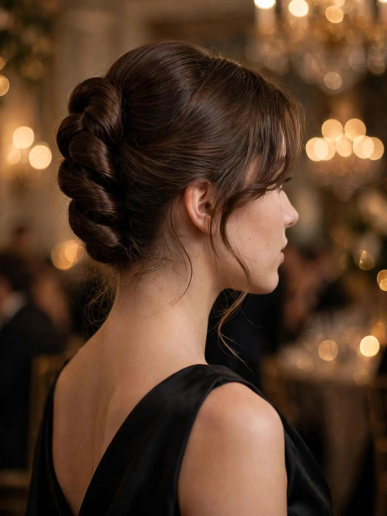 Classic French twist with soft curtain bangs and face-framing pieces