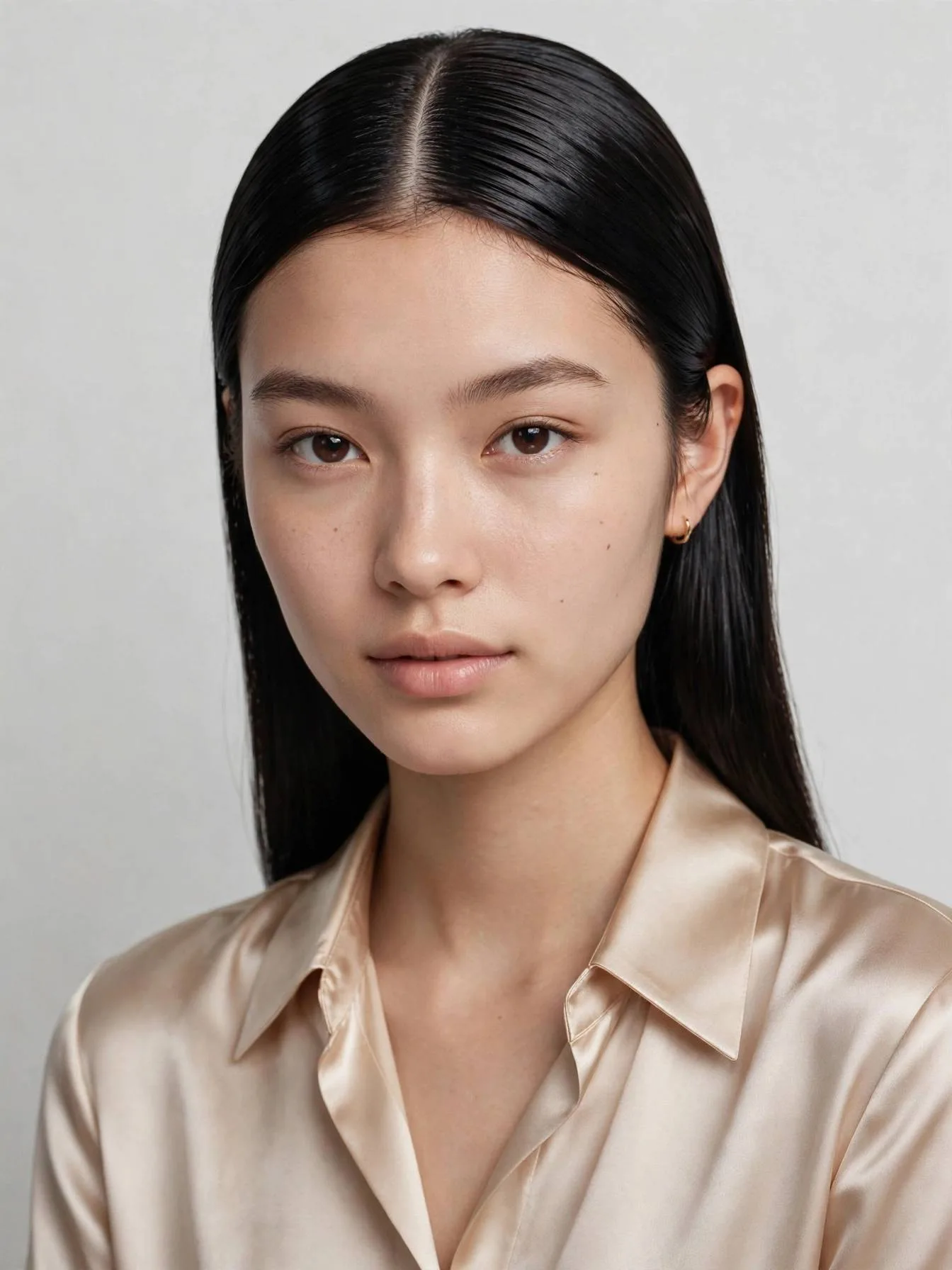 Pin straight glossy jet black hair with a razor sharp center part