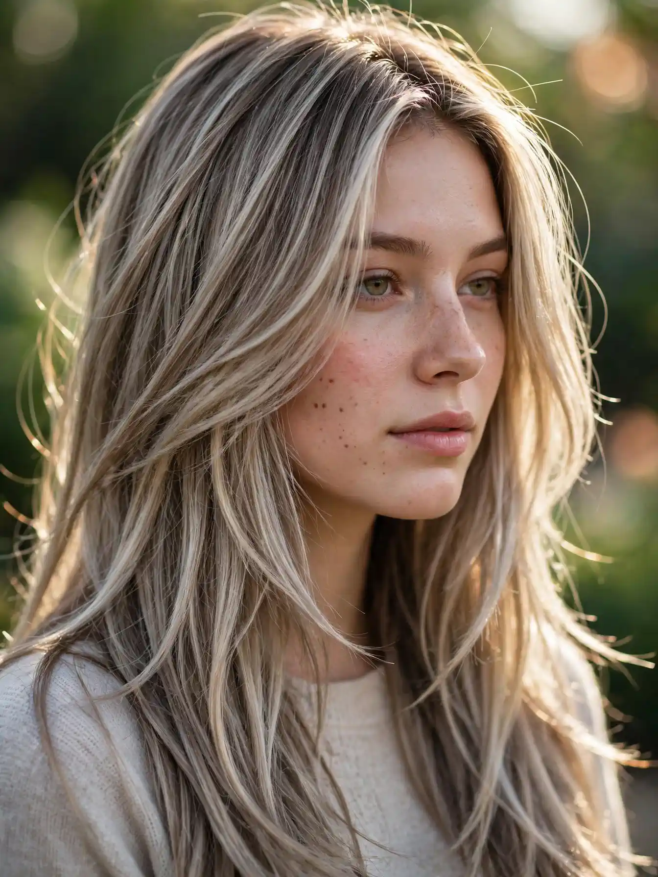 Long layered ashy bronde melt catching the light