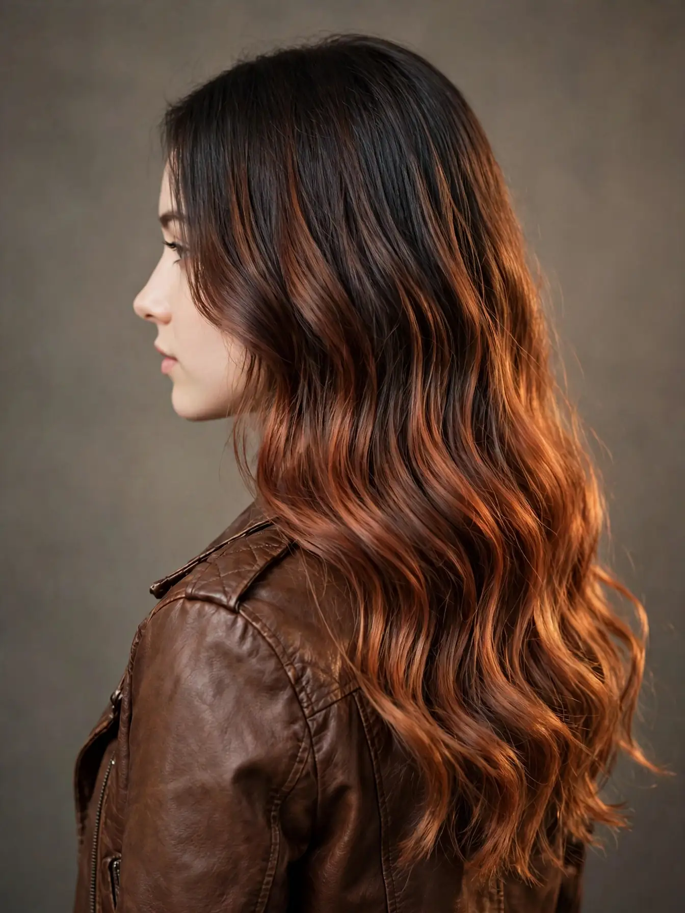 Oxidized copper ombre melting from a smoky root to copper ends