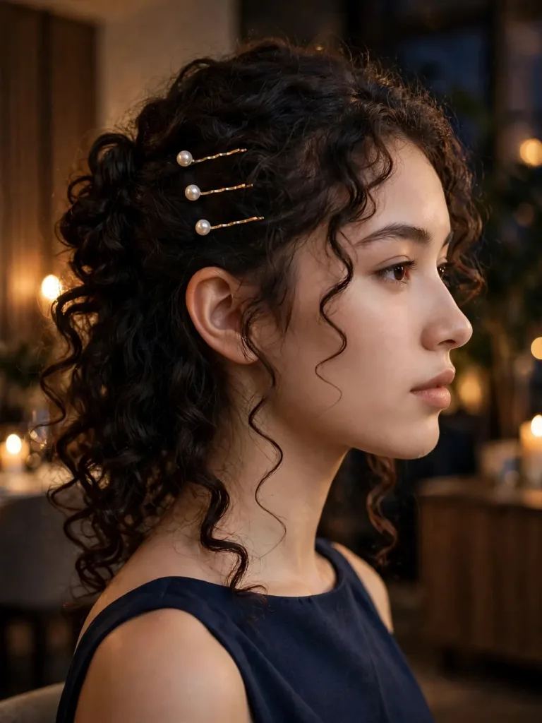 pearl bobby pins decorating one side of a curly half-up hairstyle