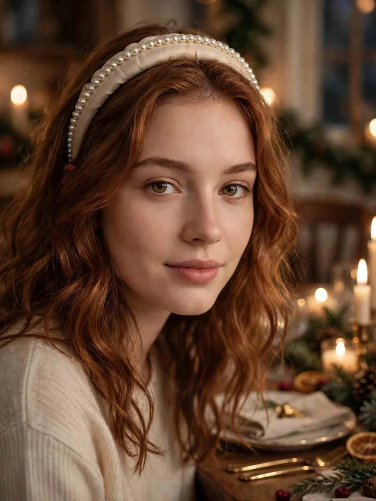 Pearl-trimmed padded headband worn with soft waves