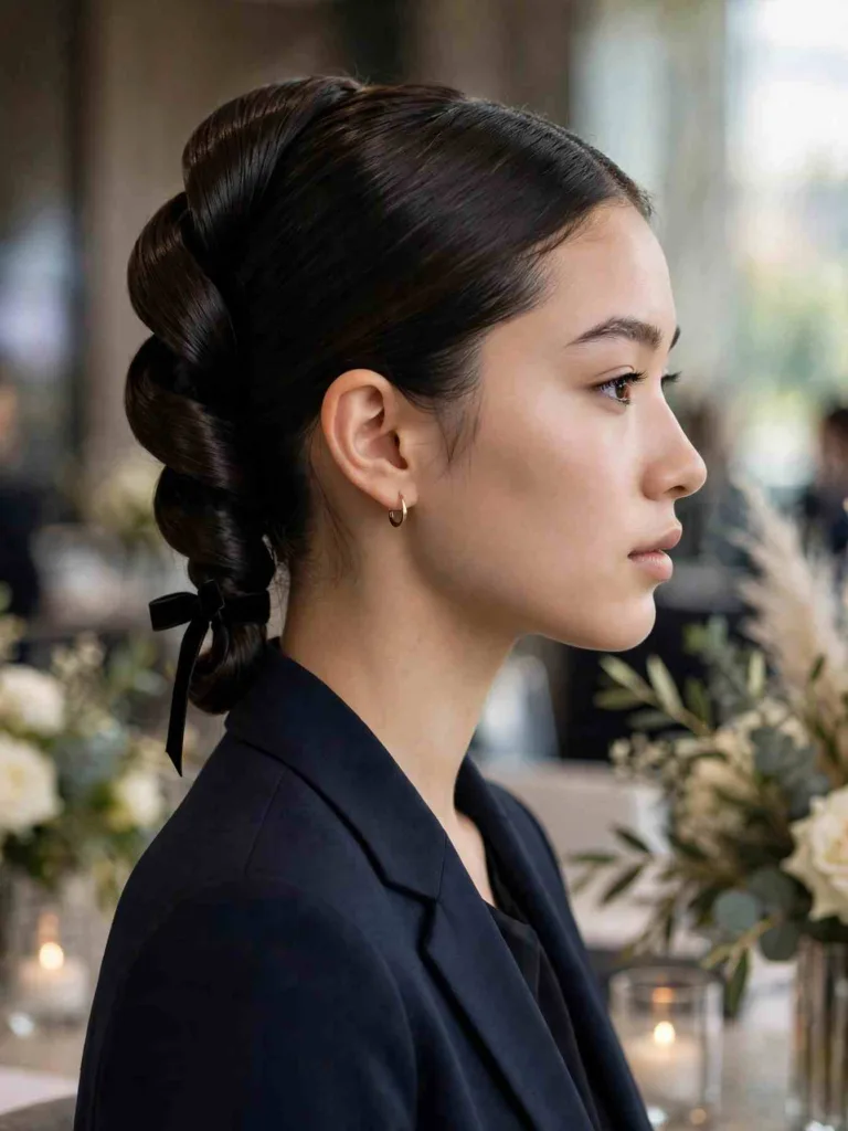 Polished French twist with a narrow velvet ribbon tied in a small bow