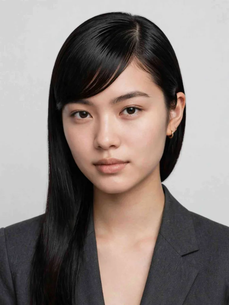 Woman with slick side-swept bangs and straight glossy lengths