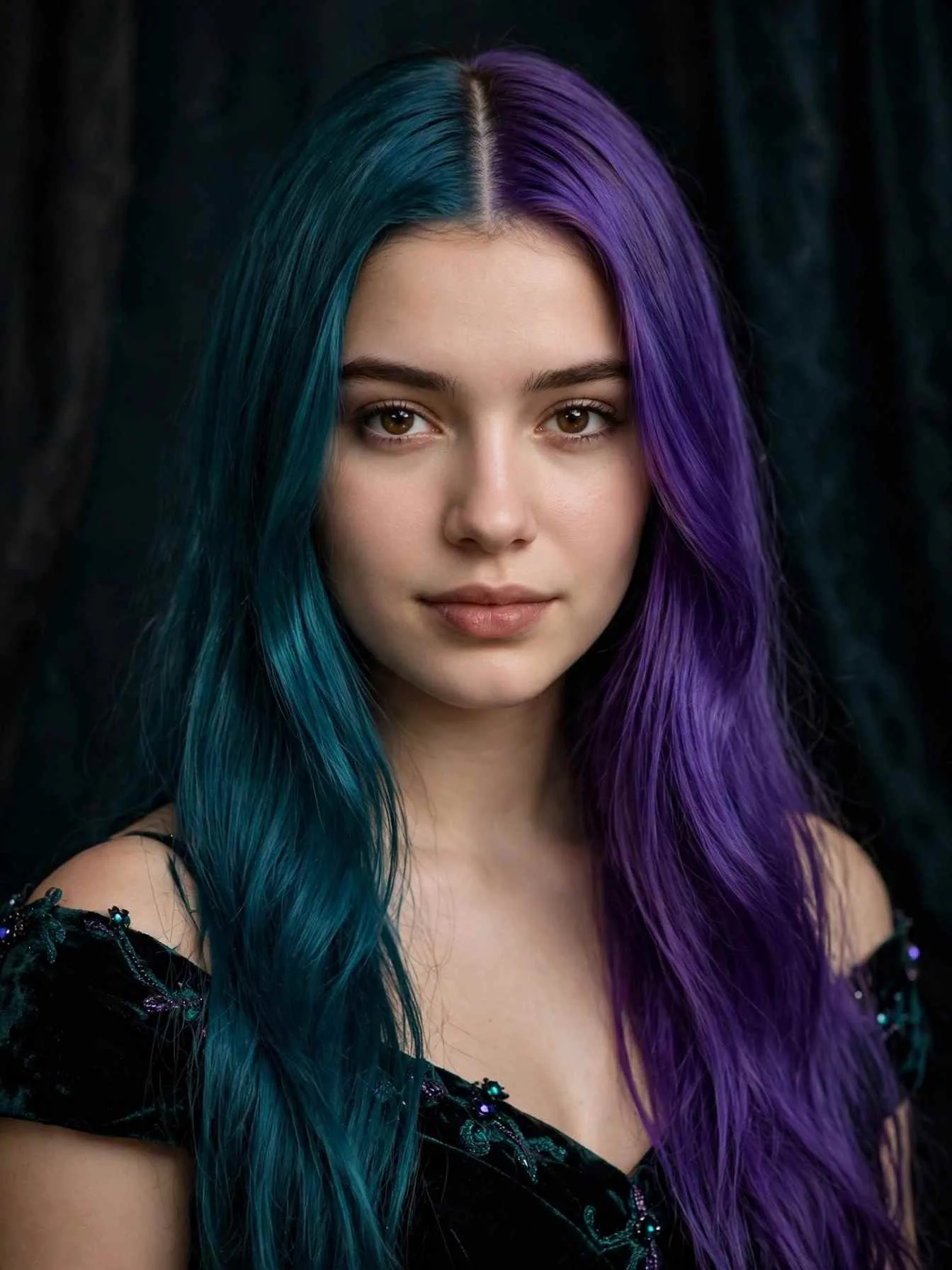 Teal and violet jewel-tone split dye