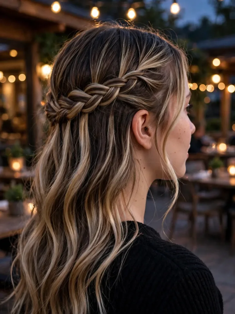 Waterfall braid running across the back of the head, half-up style