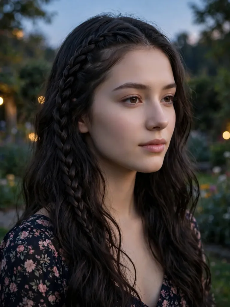 Dark wavy hair with a slim Dutch braid accent woven from the temple