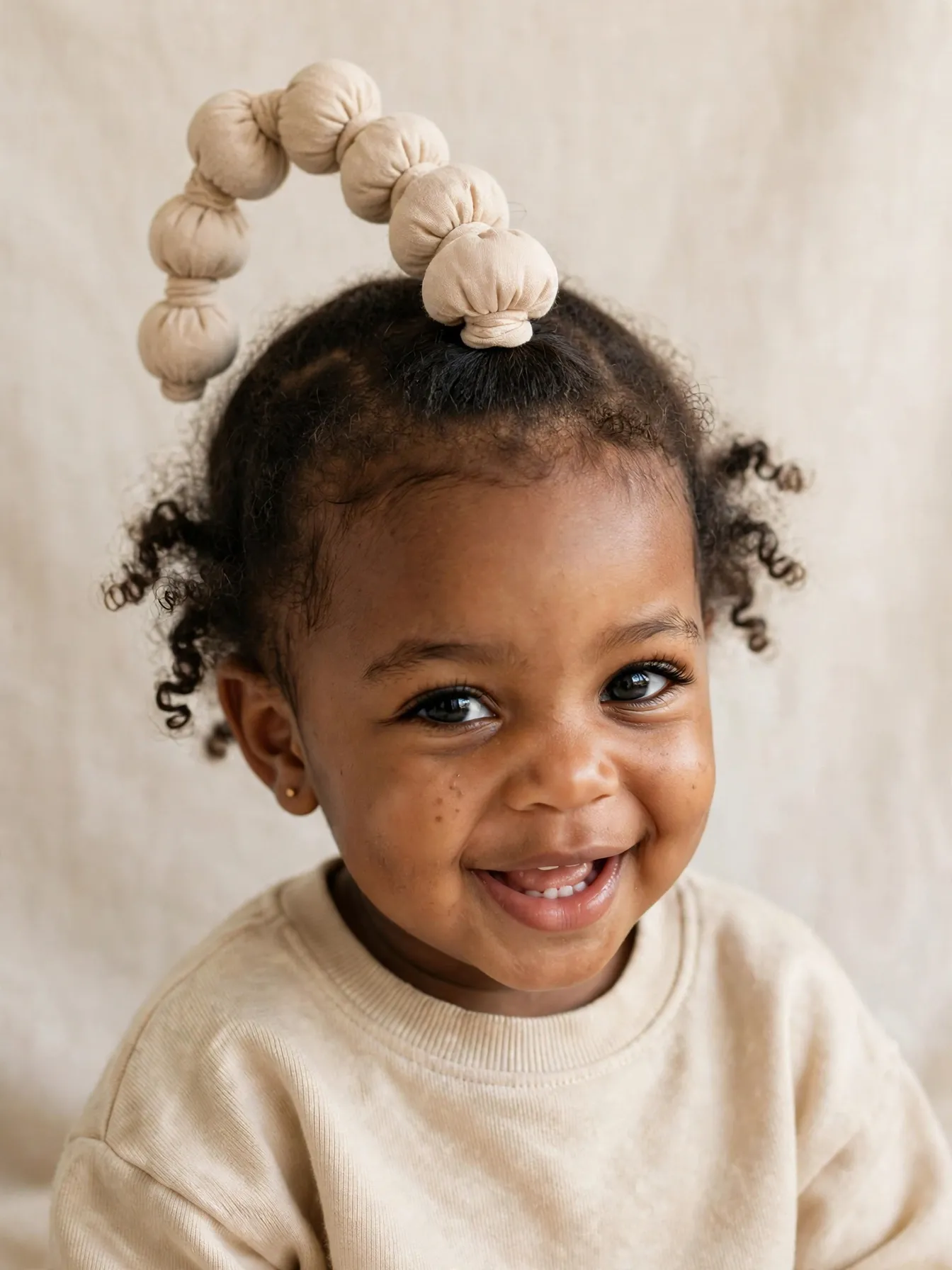 toddler with a banded bubble ponytail