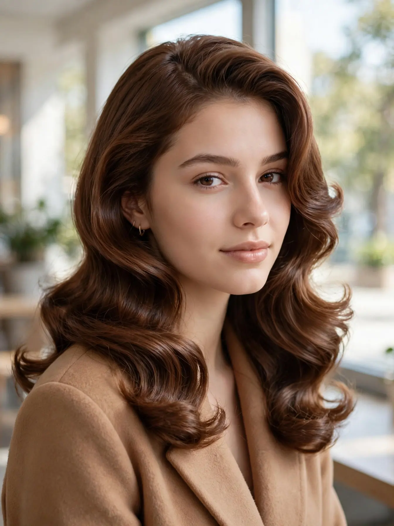 Warm chestnut brown hair with a bouncy blowout