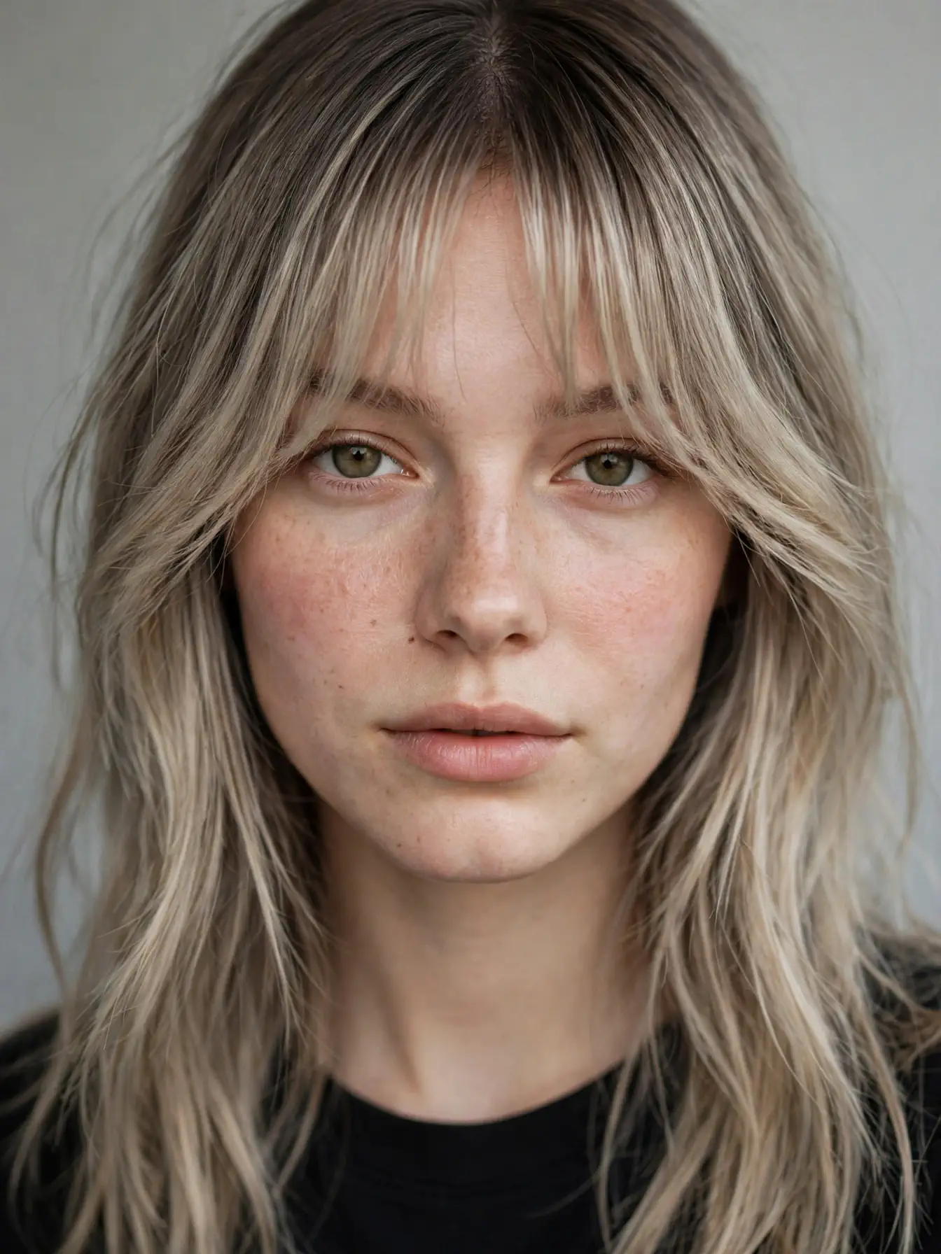 Ashy bronde melt with curtain bangs at the blend line
