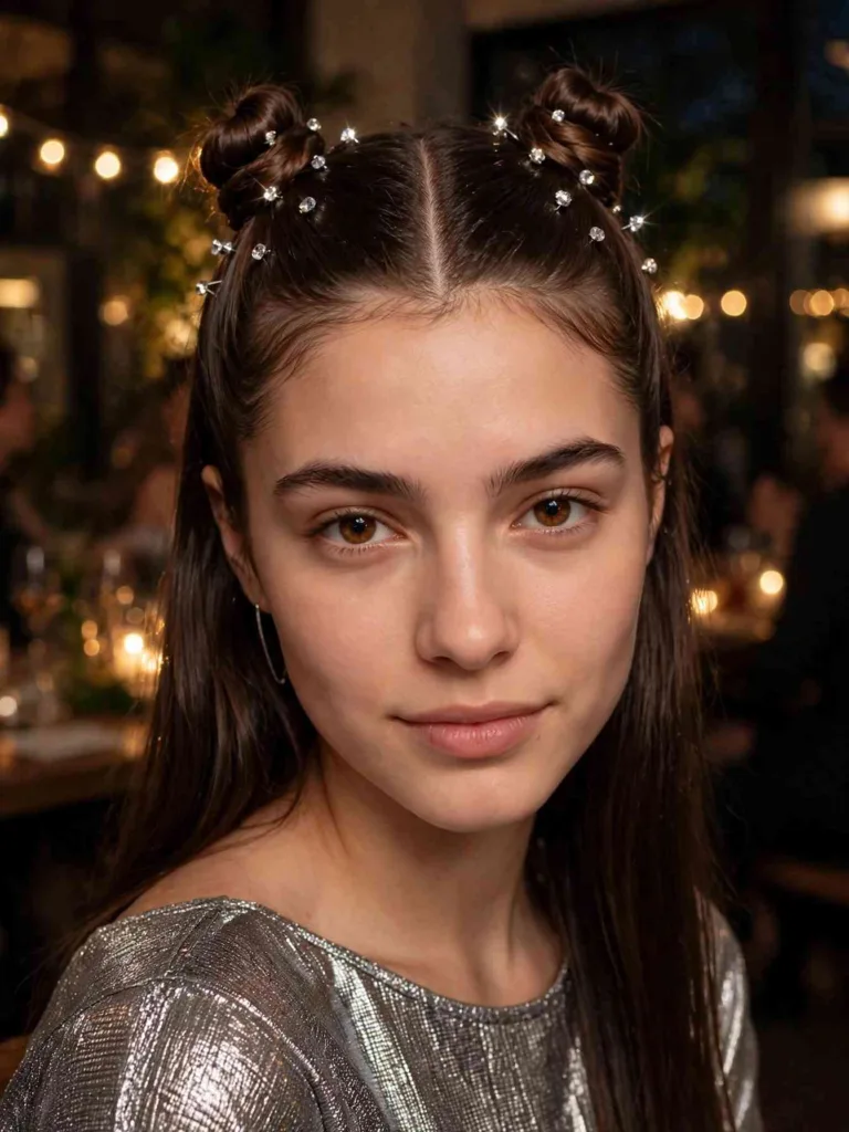 Woman with two mini buns and scattered rhinestone pins