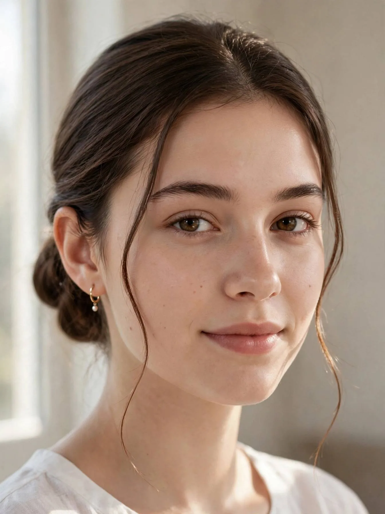 Low bun with two soft thin tendrils left loose to frame the face