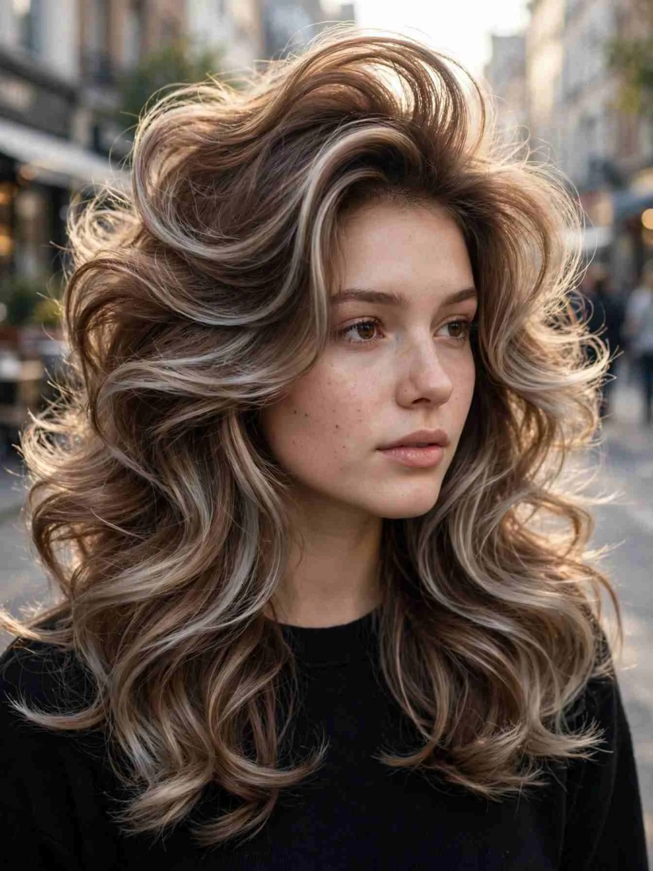 Frosted chestnut hair with cool beige frosted pieces