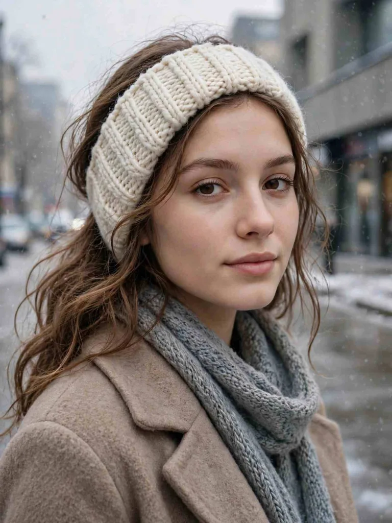 Wide cream knit ear-warmer headband over loose hair outdoors