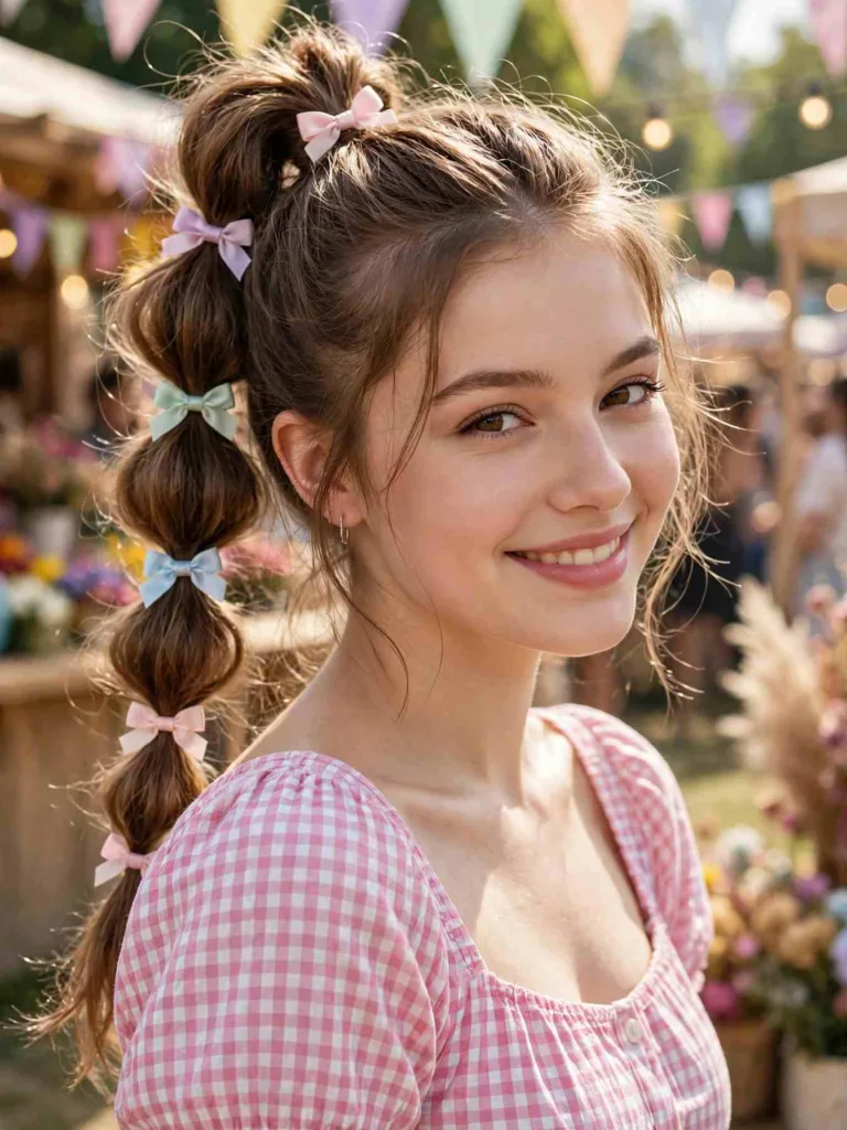 High bubble braid decorated with tiny satin bows at each section