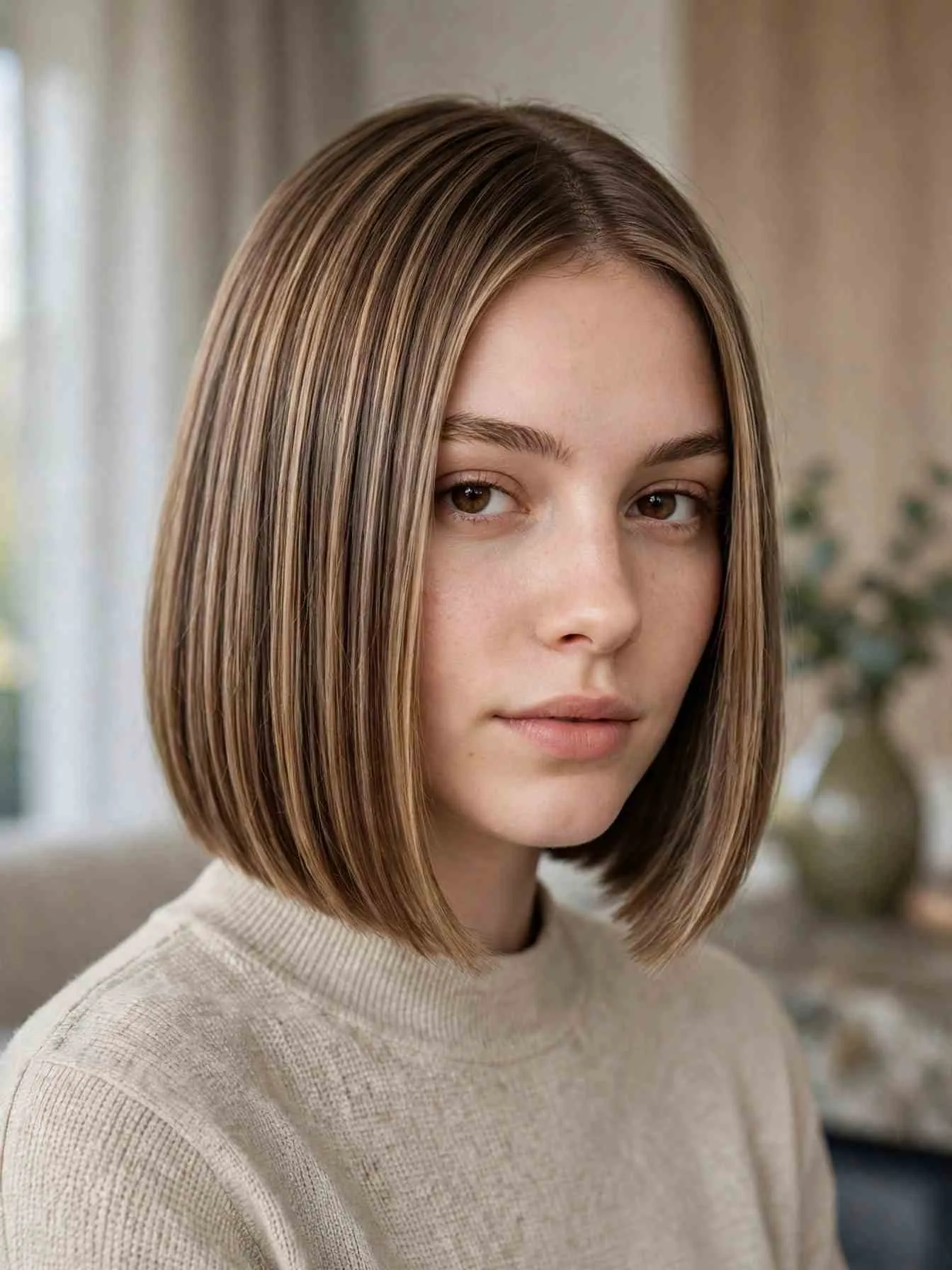 Mocha latte color on a blunt bob haircut