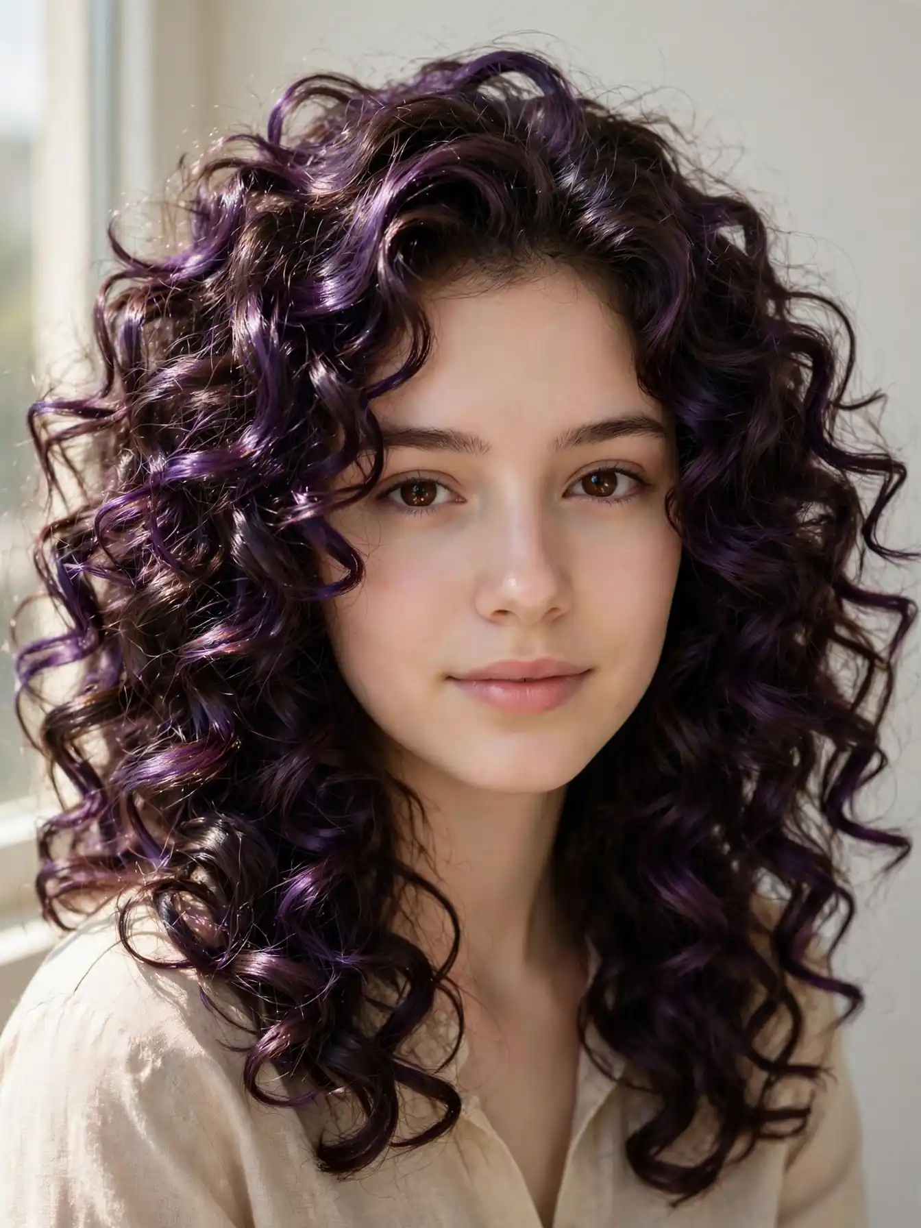 Plum brunette hair color on defined curls with violet dimension
