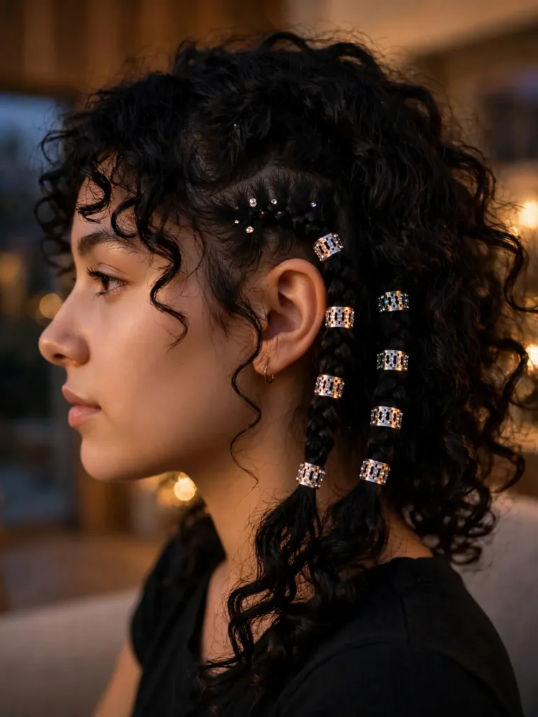 sparkling rhinestone hair cuffs slid onto curly braided sections