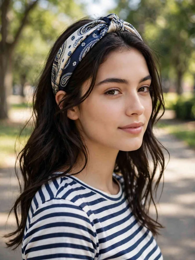 Front portrait of a woman with dark wavy hair wearing a patterned silk scarf tied as a headband