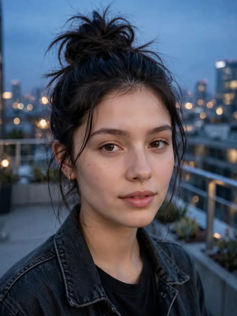 High messy textured top knot with soft pulled-out texture at dusk