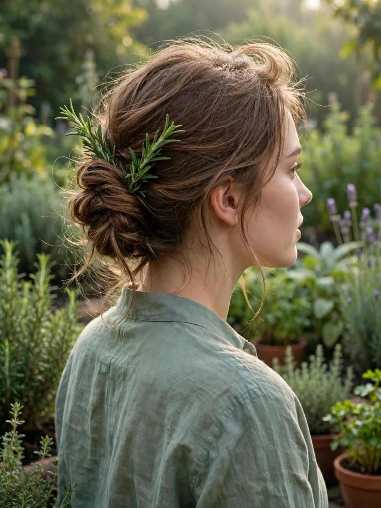 Loose undone French twist with fresh rosemary sprigs