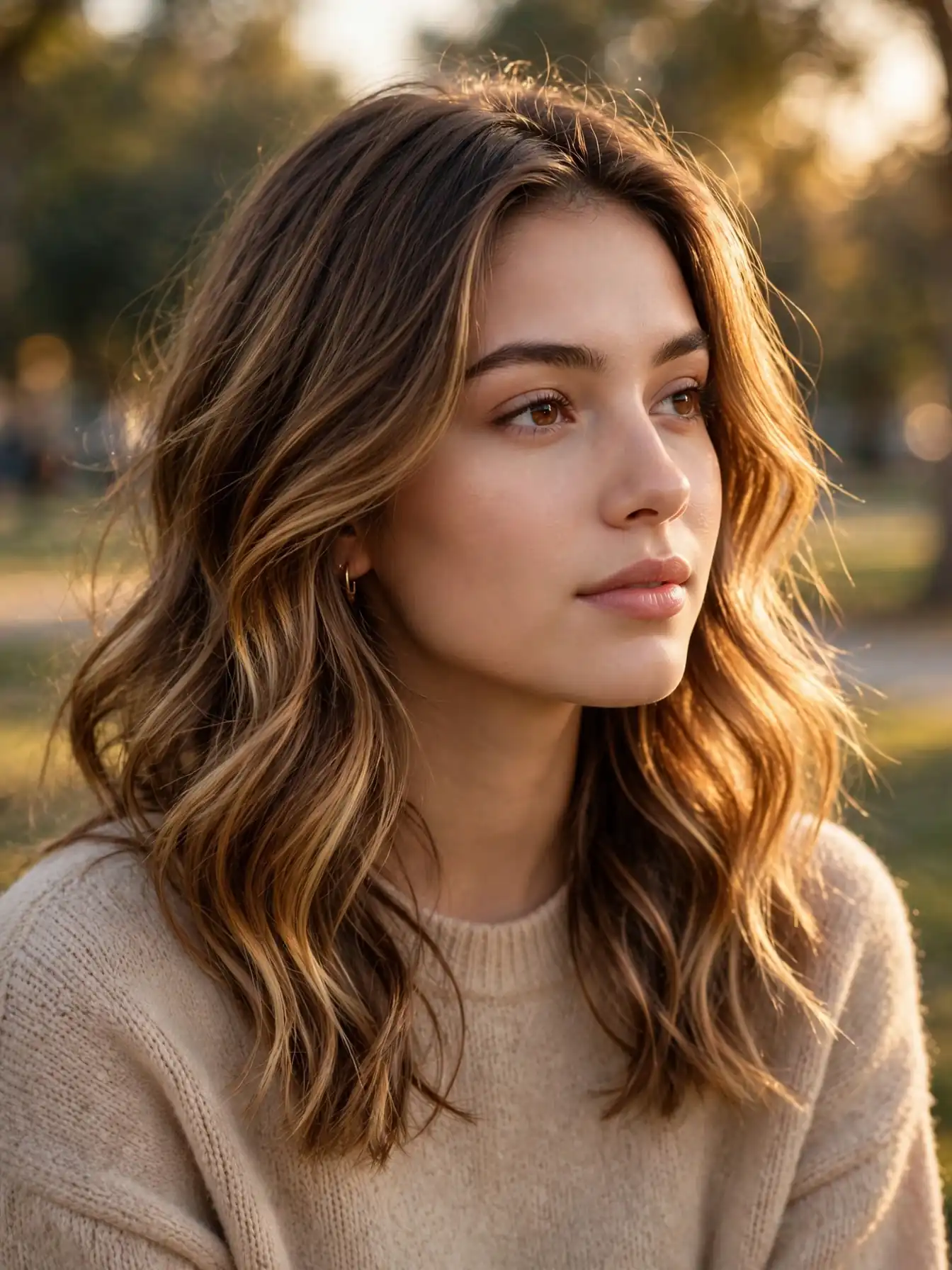 Amber bronze balayage highlight strands on medium brown waves