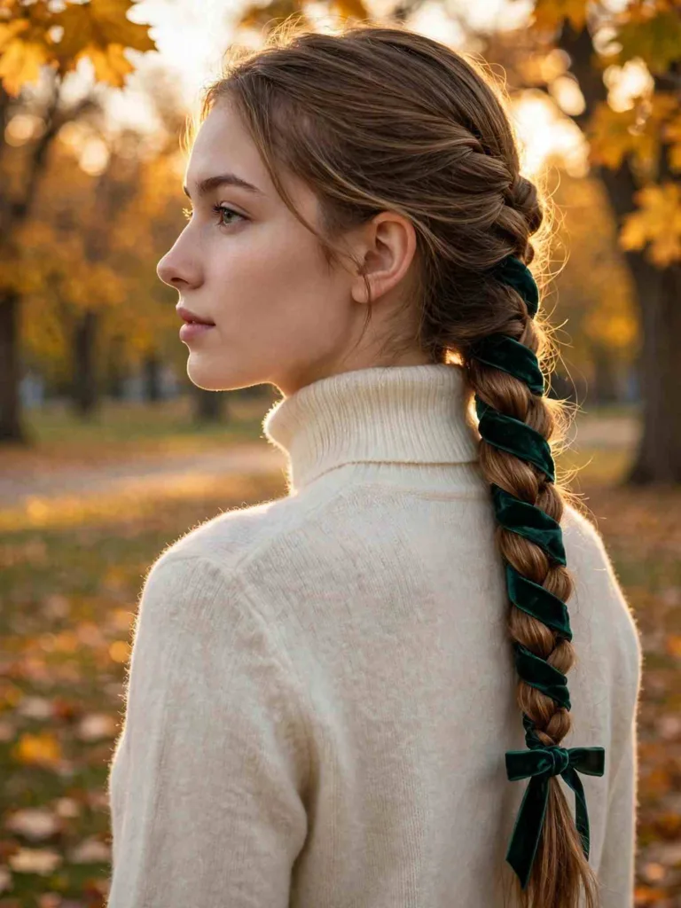 Fishtail braid with deep green velvet ribbon wound along its edge