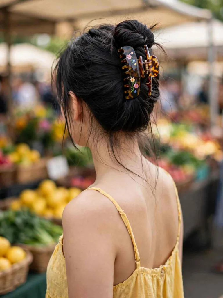 Twisted updo held with a floral claw clip