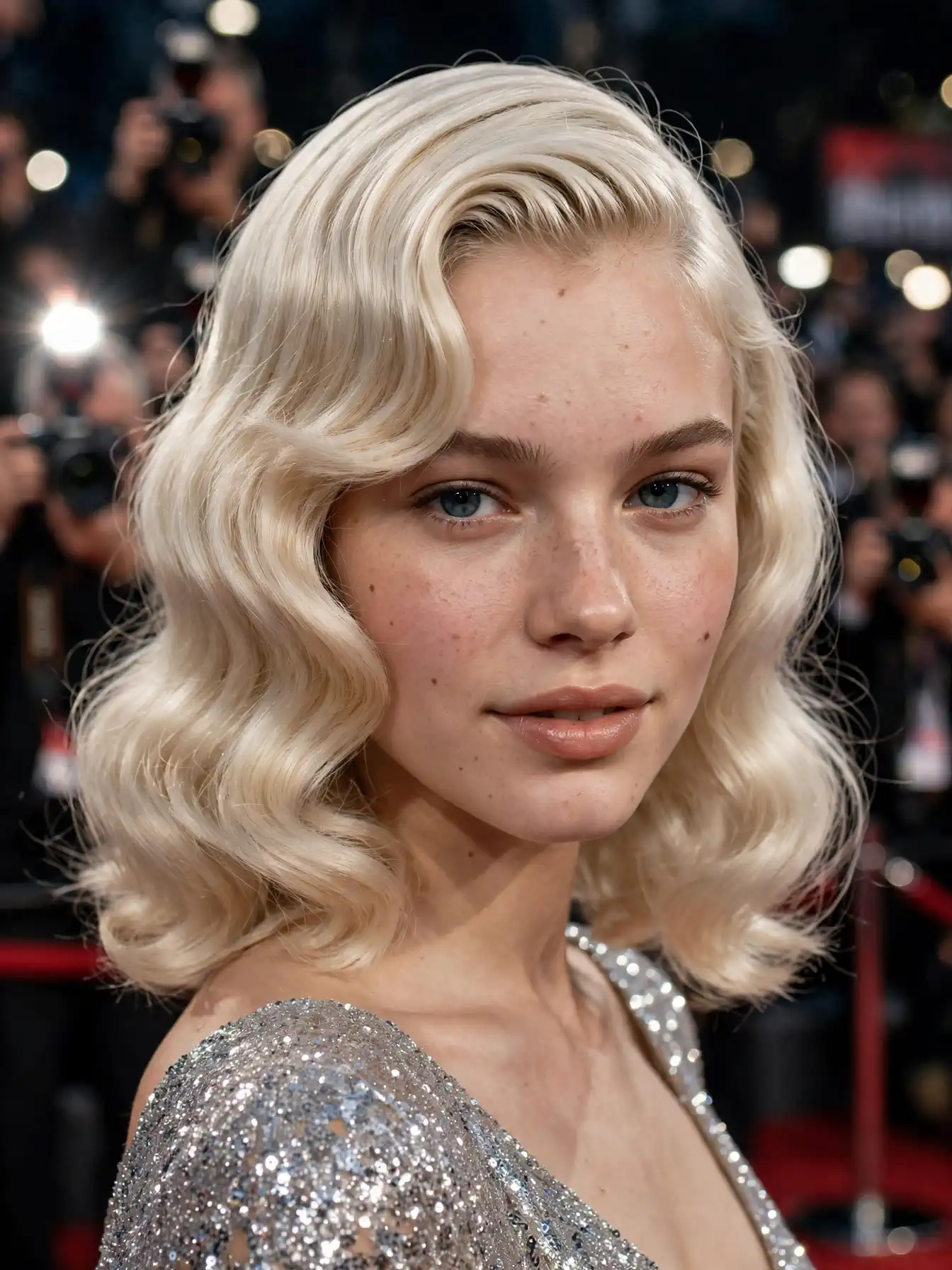 Vintage Hollywood waves with curtain bangs brushed to the sides