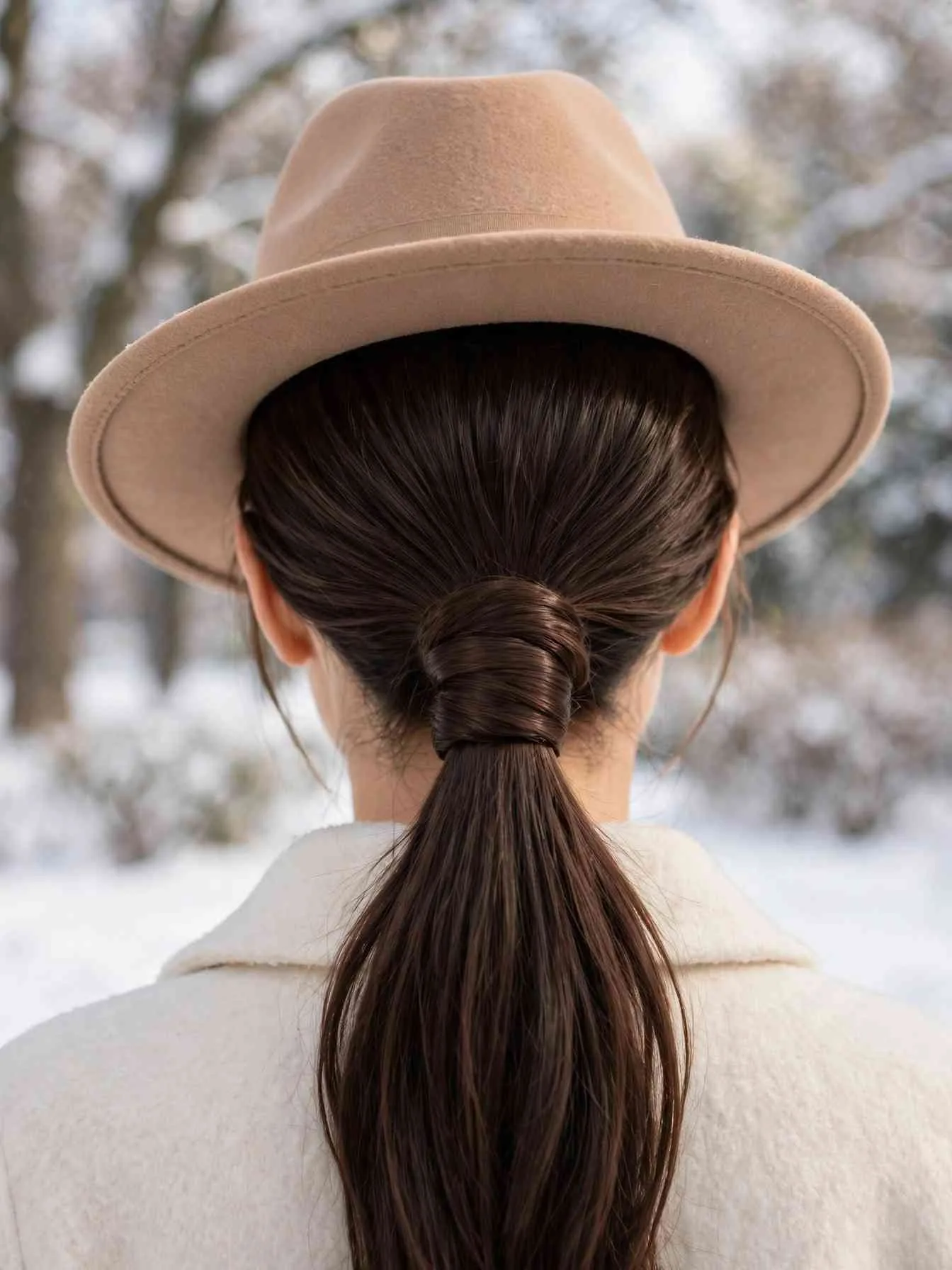 Smooth low ponytail at the nape under a wide-brim fedora