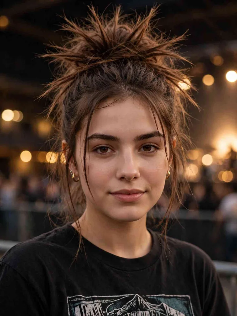 Woman with a loose messy spiky bun for a concert night