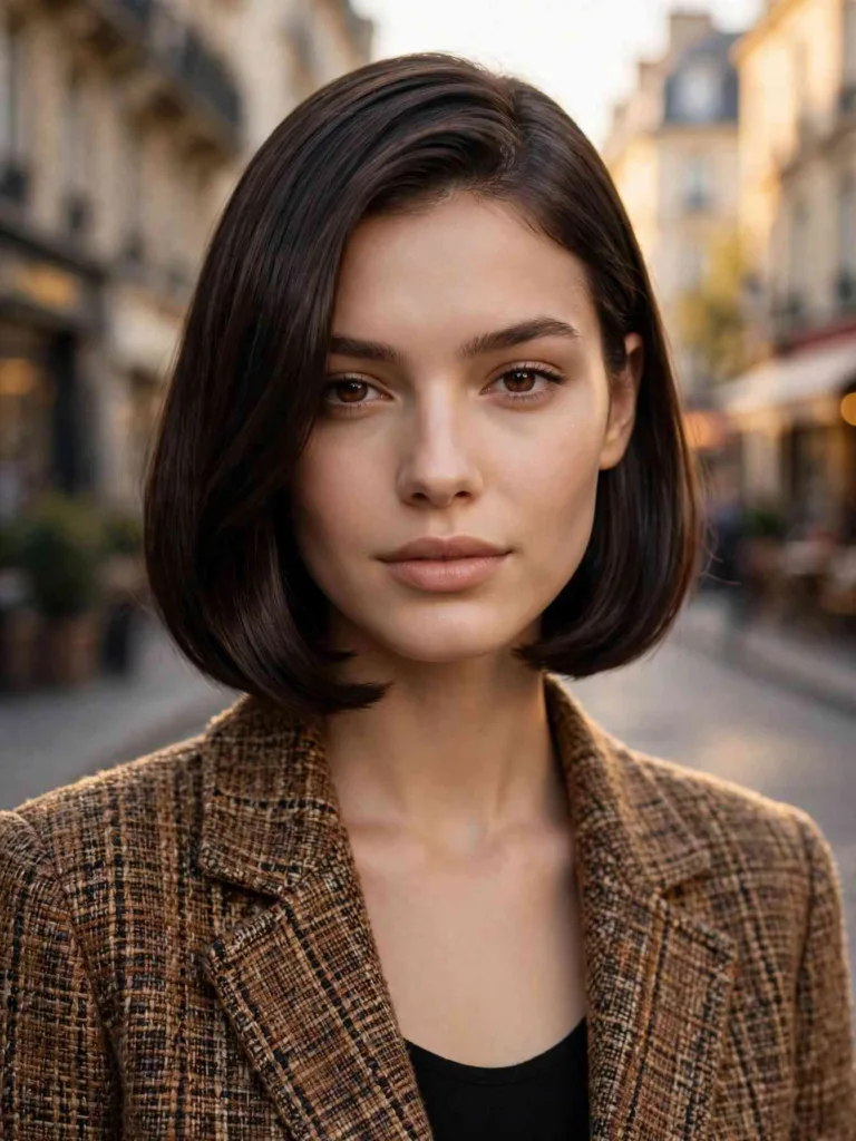 Front portrait of a woman with a chin-length blunt bob with curved-under ends and high-gloss shine