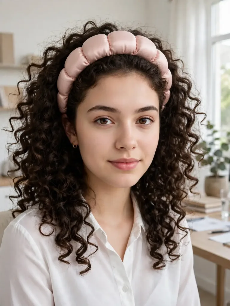 blush pink padded satin headband worn over defined wash-and-go curls