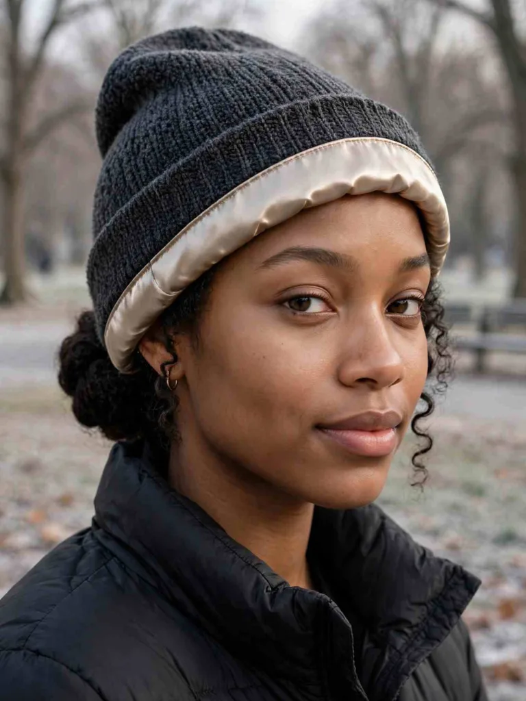Satin-lined beanie worn over a low bun, satin lining visible at the edge
