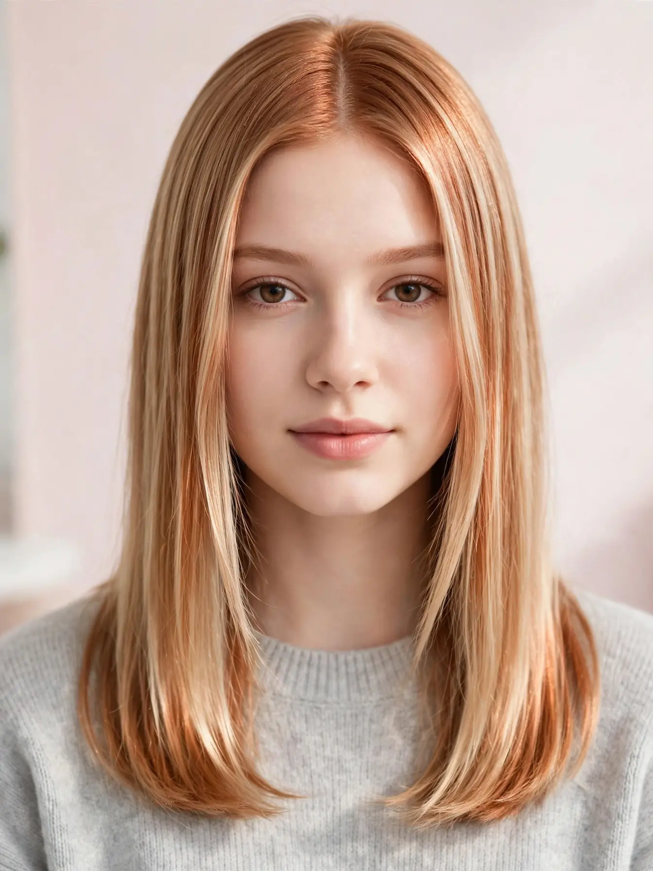 Sheer oxidized copper gloss over blonde hair with no lift