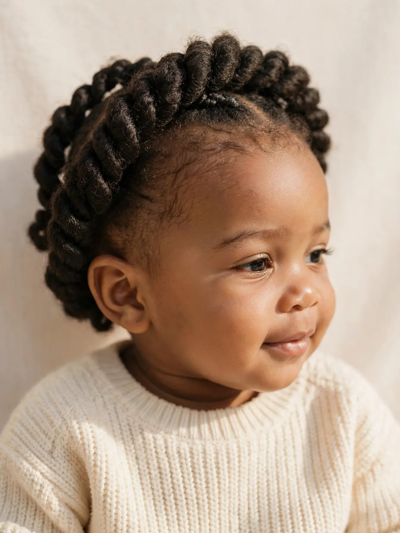 baby with chunky twists in a halo ring around the head
