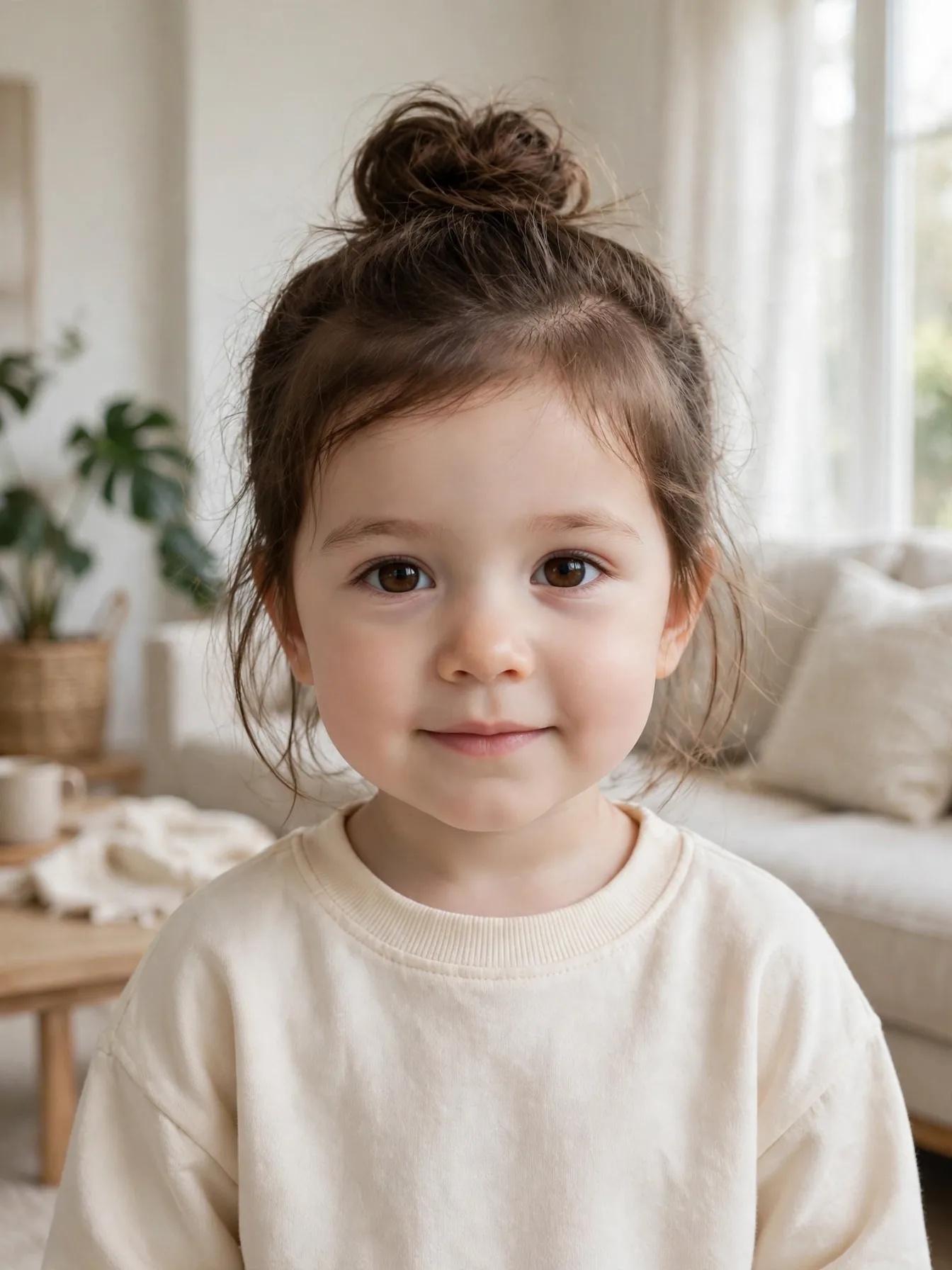22 Cute Toddler Girl Hairstyles That Are Easy at Home 15 Toddler girl with a soft top knot and loose strands around her face