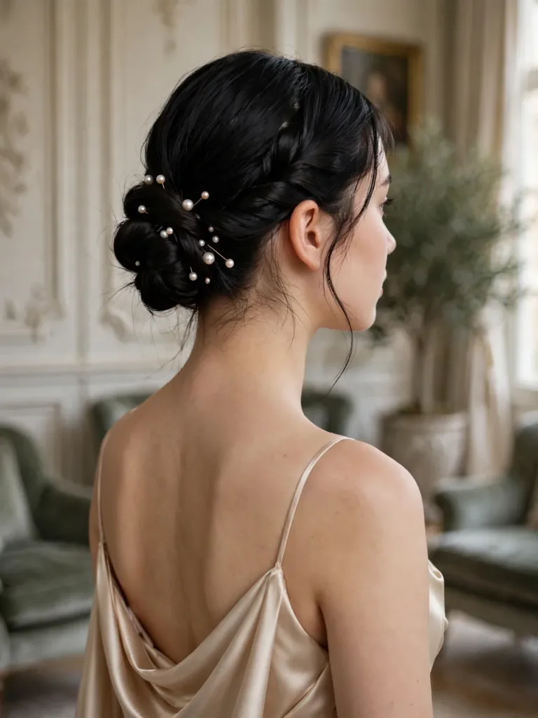 Low twisted bun at the nape with asymmetrically placed pearl pins