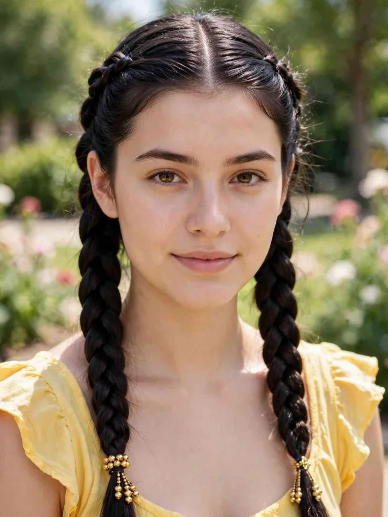 Woman with two braided pigtails finished with gold beads