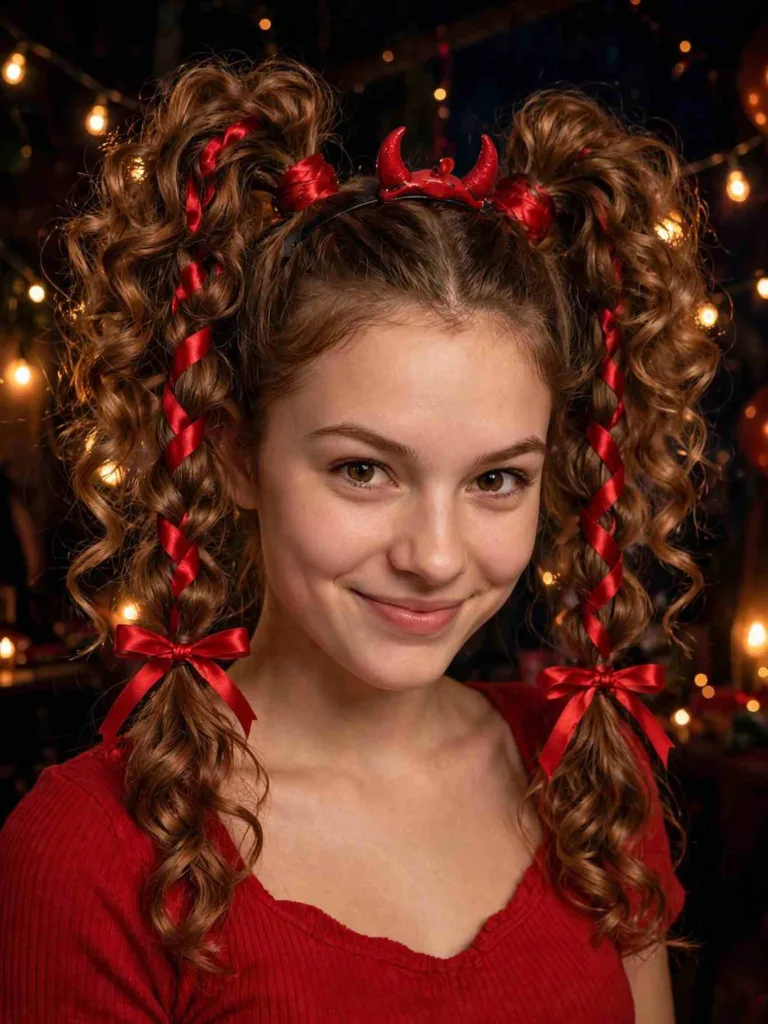 Devil high pigtails with woven red ribbon