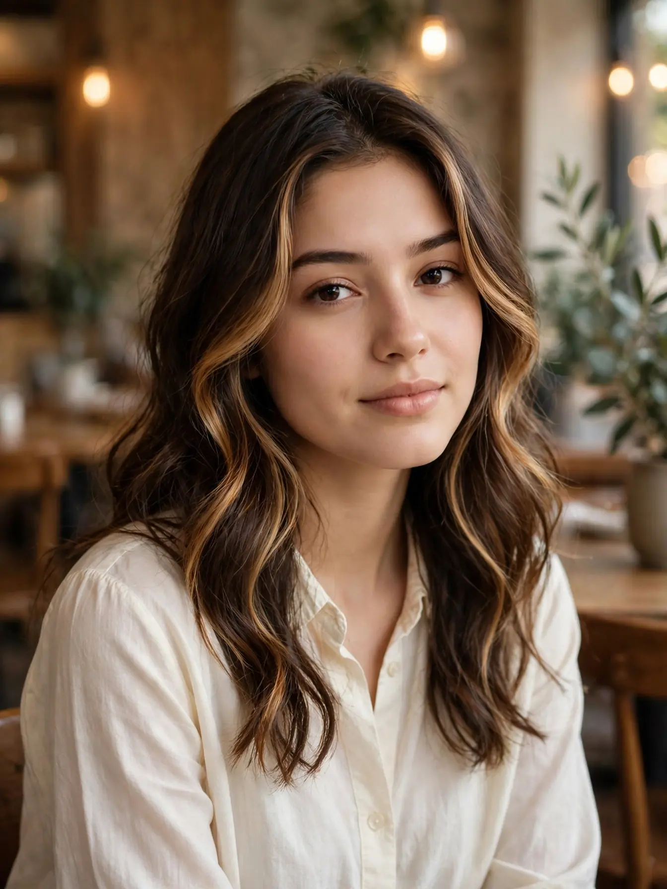 Golden caramel face-framing pieces on dark brunette hair