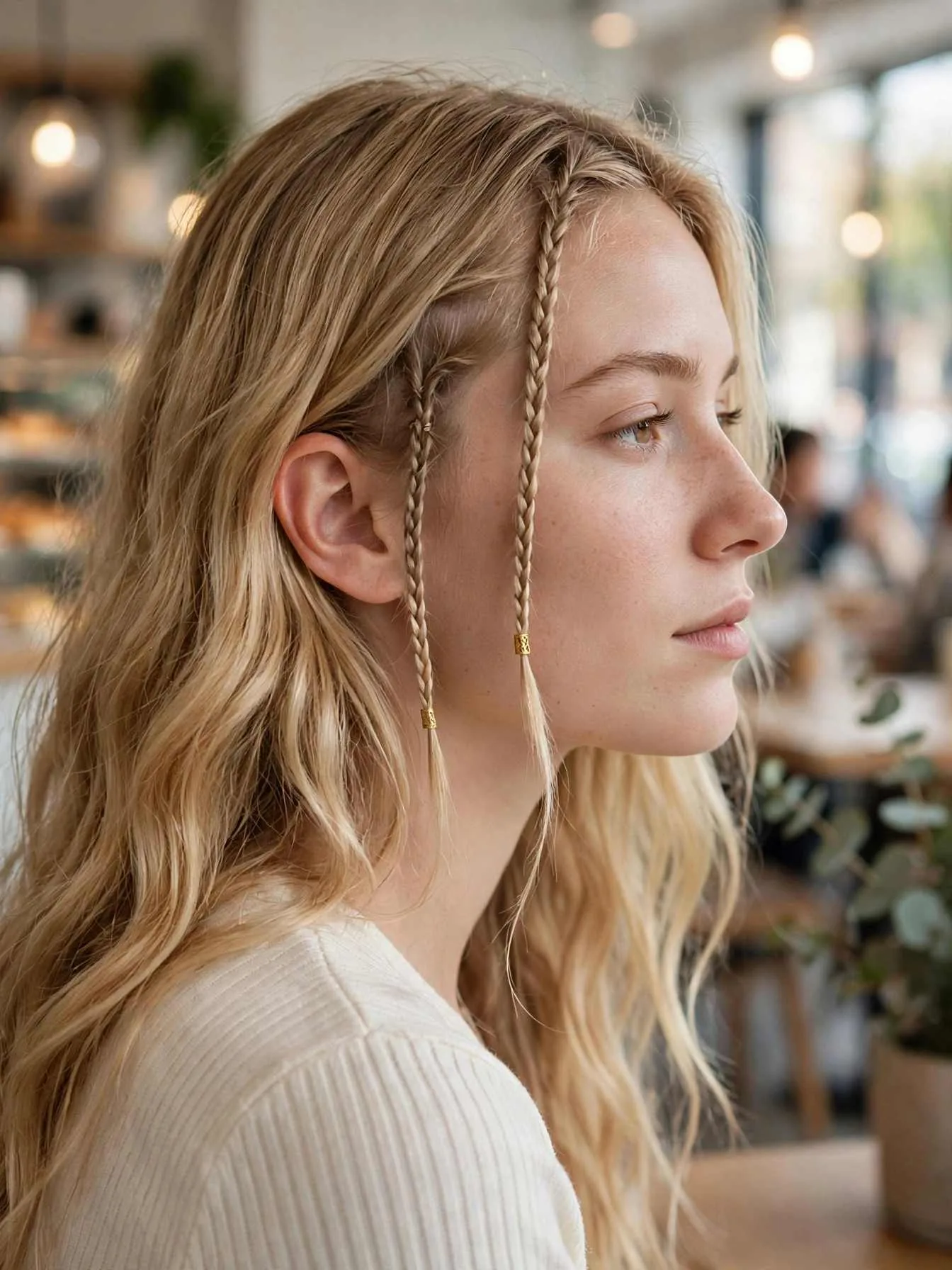 Two tiny micro braids near the face worked into long loose wavy blonde hair