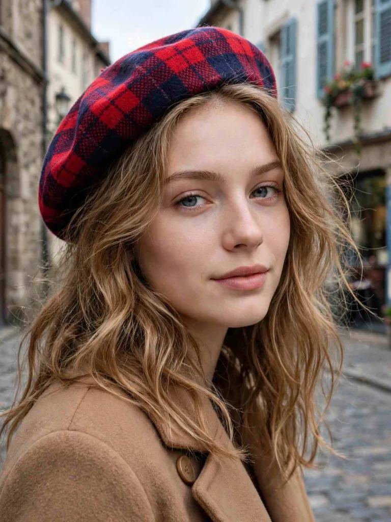 Plaid wool beret tilted over loose waves