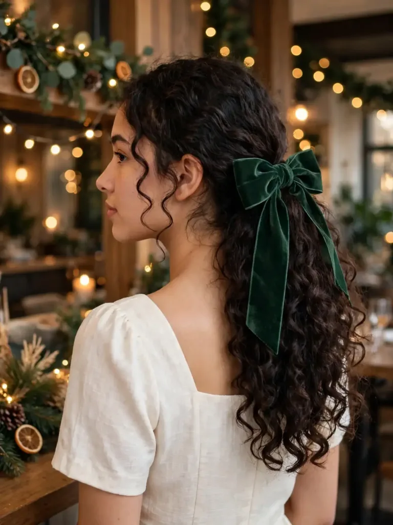 large velvet ribbon bow tied around a low curly ponytail