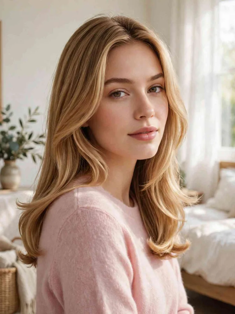 Three-quarter portrait of a woman with long honey-blonde hair in soft face-framing layers