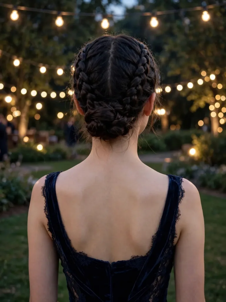 Two Dutch braids from the hairline feeding into a soft low bun