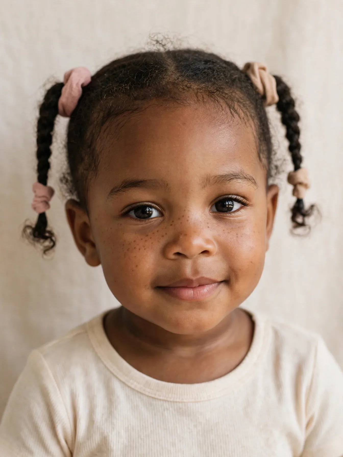 toddler with two tiny loose pigtail braids