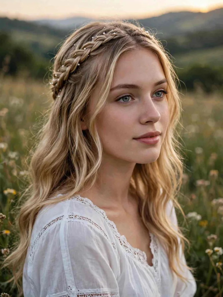 Braid worn as a headband crown across the forehead